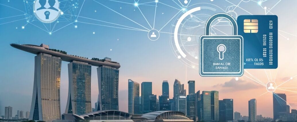 Singapore skyline with secured credit card graphic; data security and NRIC advisory. | Cyberinsure.sg