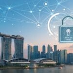 Singapore skyline with secured credit card graphic; data security and NRIC advisory. | Cyberinsure.sg