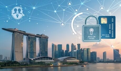 Singapore skyline with secured credit card graphic; data security and NRIC advisory. | Cyberinsure.sg