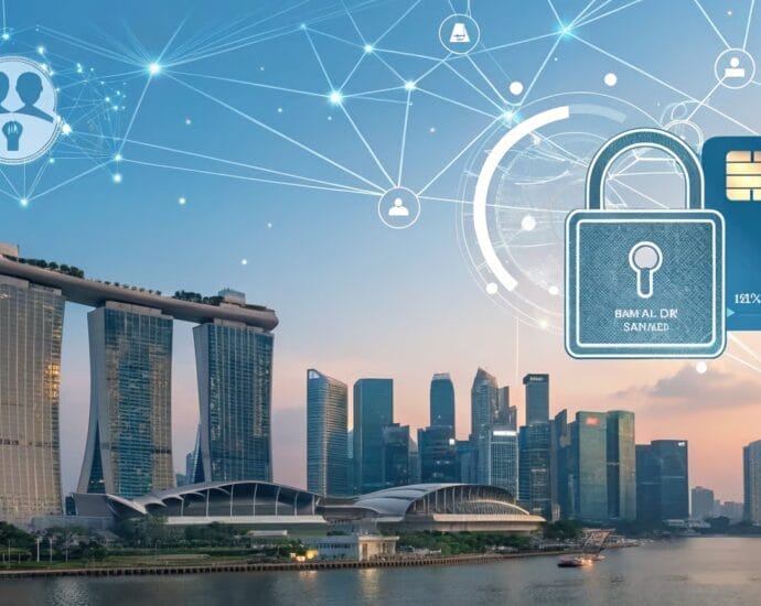 Singapore skyline with secured credit card graphic; data security and NRIC advisory. | Cyberinsure.sg