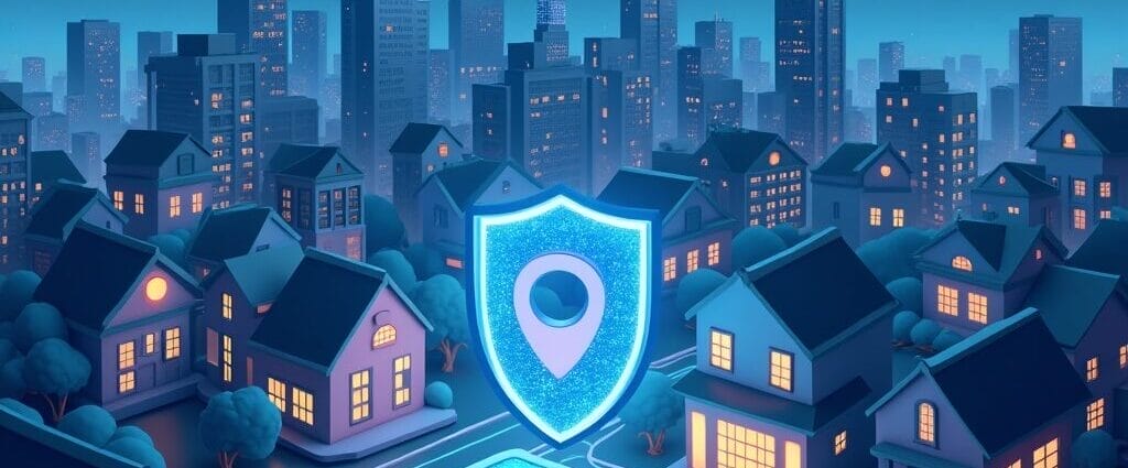 Smart home security system protecting a neighborhood at night. Location pin inside a shield. | Cyberinsure.sg