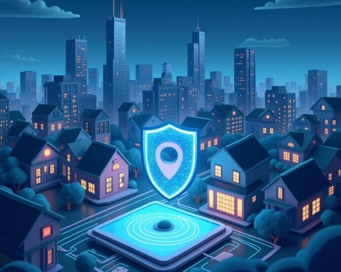 Smart home security system protecting a neighborhood at night. Location pin inside a shield. | Cyberinsure.sg