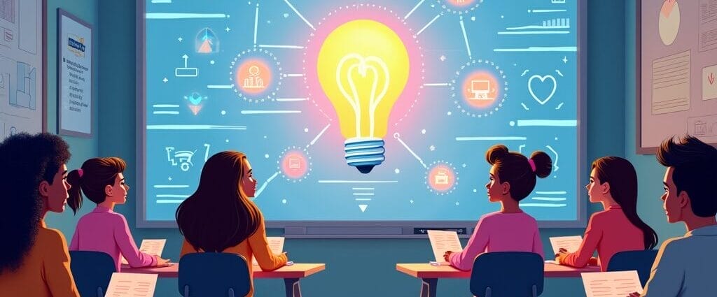 Students in a classroom looking at a whiteboard displaying a bright lightbulb connected to various icons representing ideas and innovation. | Cyberinsure.sg