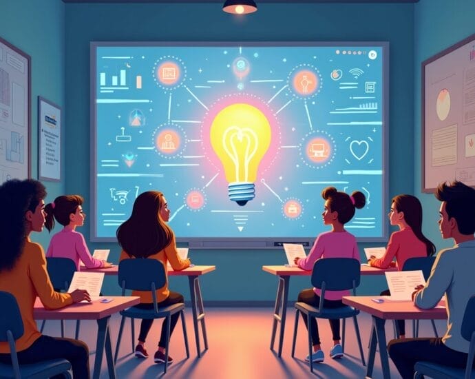 Students in a classroom looking at a whiteboard displaying a bright lightbulb connected to various icons representing ideas and innovation. | Cyberinsure.sg