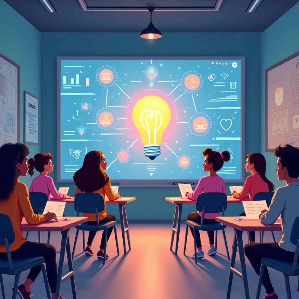 Students in a classroom looking at a whiteboard displaying a bright lightbulb connected to various icons representing ideas and innovation. | Cyberinsure.sg