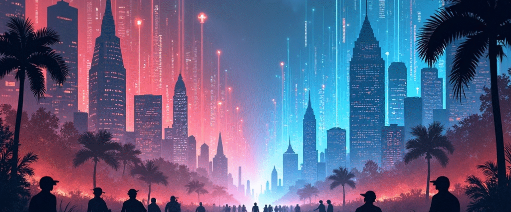 Futuristic city skyline at night, split by a reflecting pool, with people walking towards a central point. Neon lights illuminate palm trees and buildings. | Cyberinsure.sg