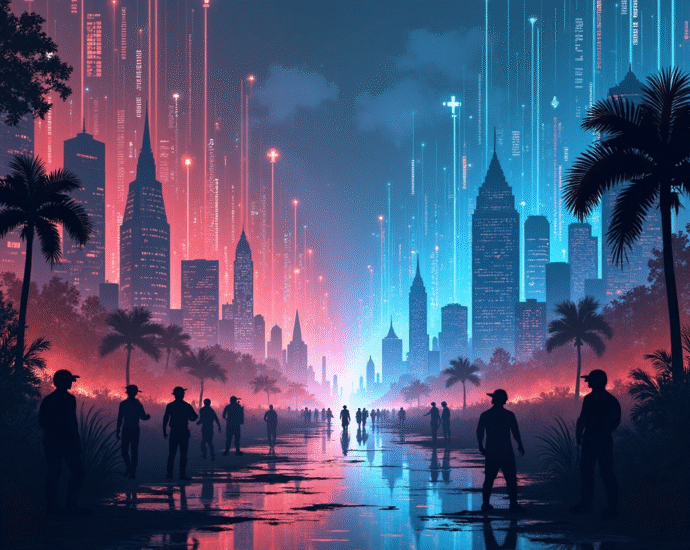 Futuristic city skyline at night, split by a reflecting pool, with people walking towards a central point. Neon lights illuminate palm trees and buildings. | Cyberinsure.sg
