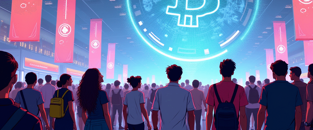 Crowd gathering under a large digital Bitcoin symbol in a modern hall | Cyberinsure.sg