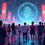 Crowd gathering under a large digital Bitcoin symbol in a modern hall | Cyberinsure.sg