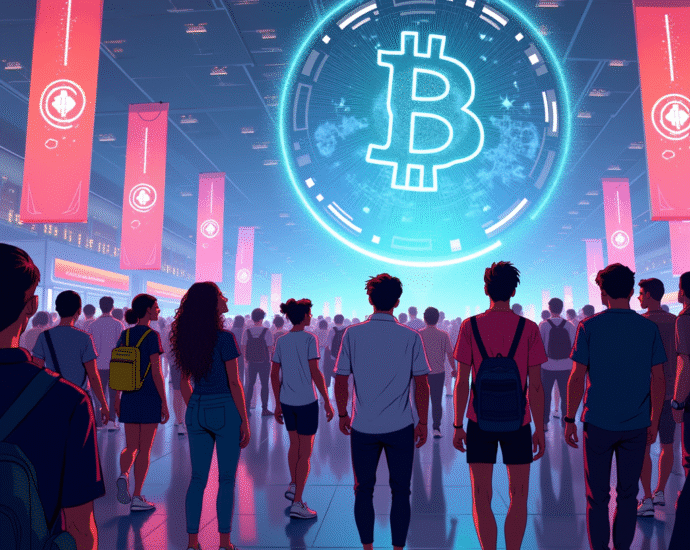 Crowd gathering under a large digital Bitcoin symbol in a modern hall | Cyberinsure.sg