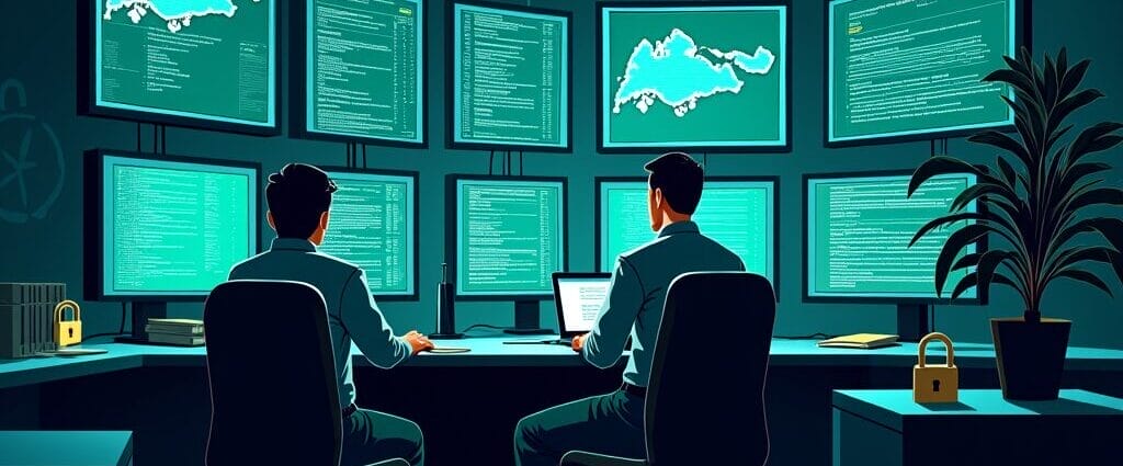 Two cybersecurity analysts monitor computer screens displaying code and maps of Singapore. | Cyberinsure.sg
