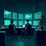 Two cybersecurity analysts monitor computer screens displaying code and maps of Singapore. | Cyberinsure.sg