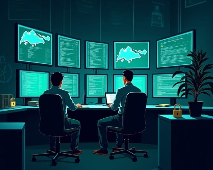 Two cybersecurity analysts monitor computer screens displaying code and maps of Singapore. | Cyberinsure.sg