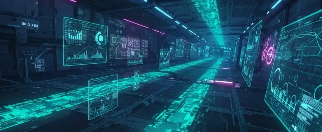 Futuristic data tunnel with glowing screens displaying graphs and charts. Cybersecurity data breach concept. | Cyberinsure.sg