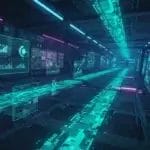Futuristic data tunnel with glowing screens displaying graphs and charts. Cybersecurity data breach concept. | Cyberinsure.sg