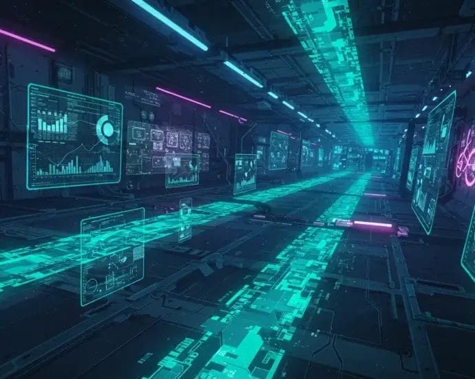 Futuristic data tunnel with glowing screens displaying graphs and charts. Cybersecurity data breach concept. | Cyberinsure.sg
