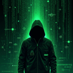 Anonymous hooded figure against a backdrop of cascading green code; cybersecurity, hacking, data protection | Cyberinsure.sg
