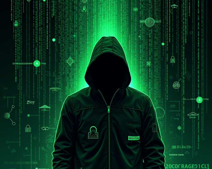 Anonymous hooded figure against a backdrop of cascading green code; cybersecurity, hacking, data protection | Cyberinsure.sg