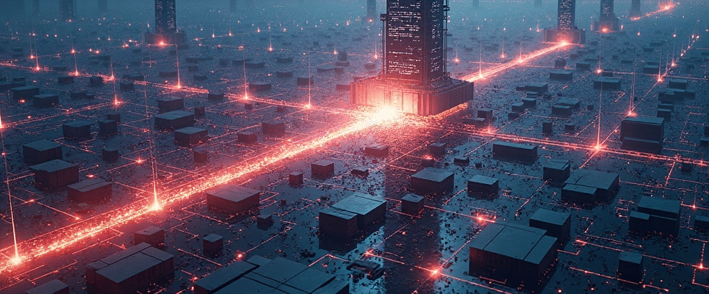 Futuristic city skyline with glowing pathways and a tall central tower. Cyberpunk cityscape. | Cyberinsure.sg