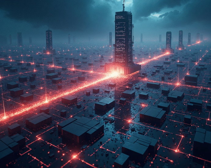 Futuristic city skyline with glowing pathways and a tall central tower. Cyberpunk cityscape. | Cyberinsure.sg