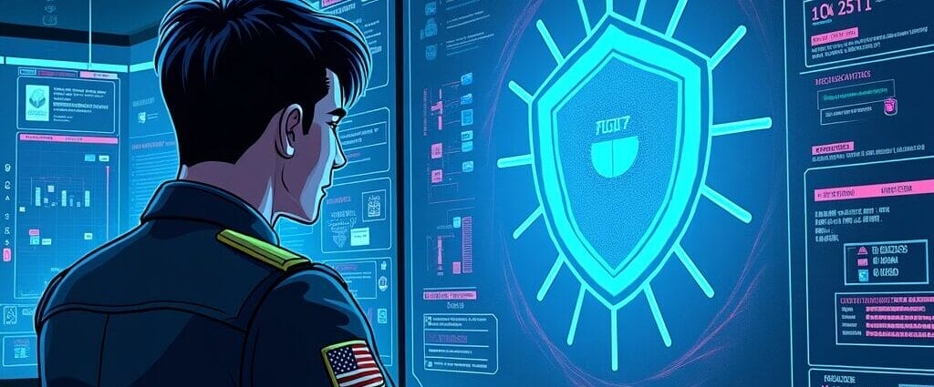 Cybersecurity specialist monitoring network security on multiple screens, a shield icon prominently displayed. | Cyberinsure.sg