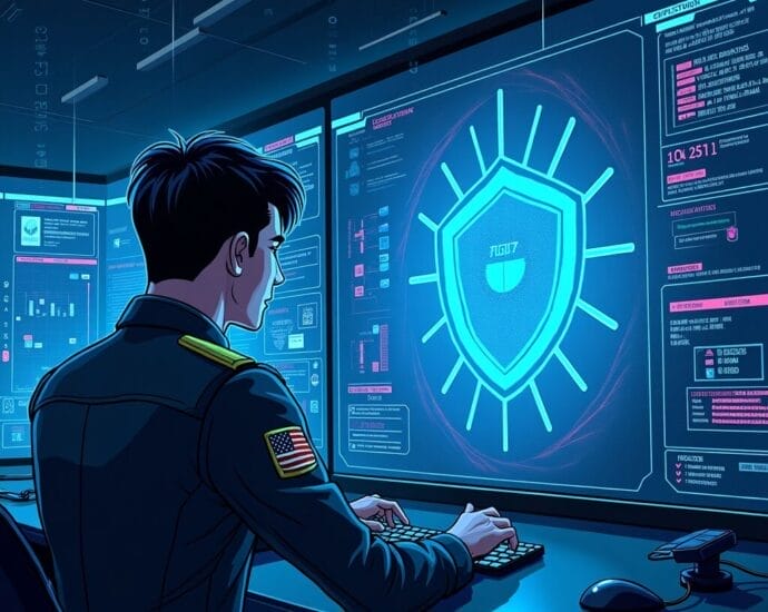 Cybersecurity specialist monitoring network security on multiple screens, a shield icon prominently displayed. | Cyberinsure.sg