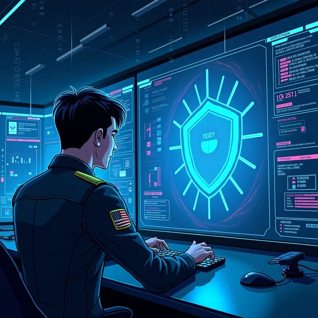 Cybersecurity specialist monitoring network security on multiple screens, a shield icon prominently displayed. | Cyberinsure.sg