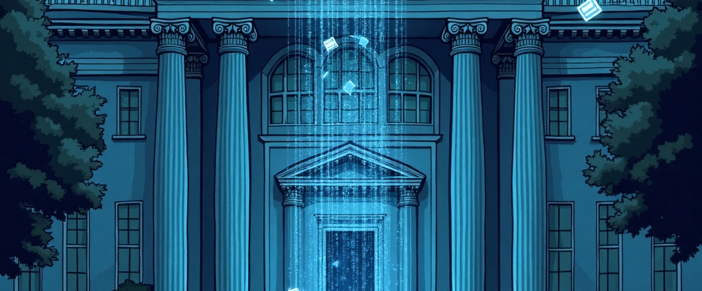 Classical building with digital elements floating above steps at dusk | Cyberinsure.sg