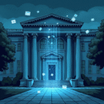 Classical building with digital elements floating above steps at dusk | Cyberinsure.sg