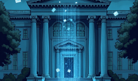 Classical building with digital elements floating above steps at dusk | Cyberinsure.sg