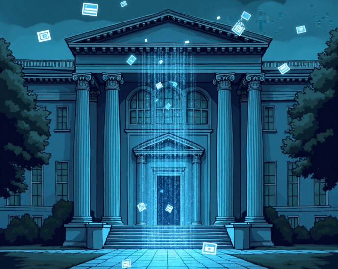 Classical building with digital elements floating above steps at dusk | Cyberinsure.sg