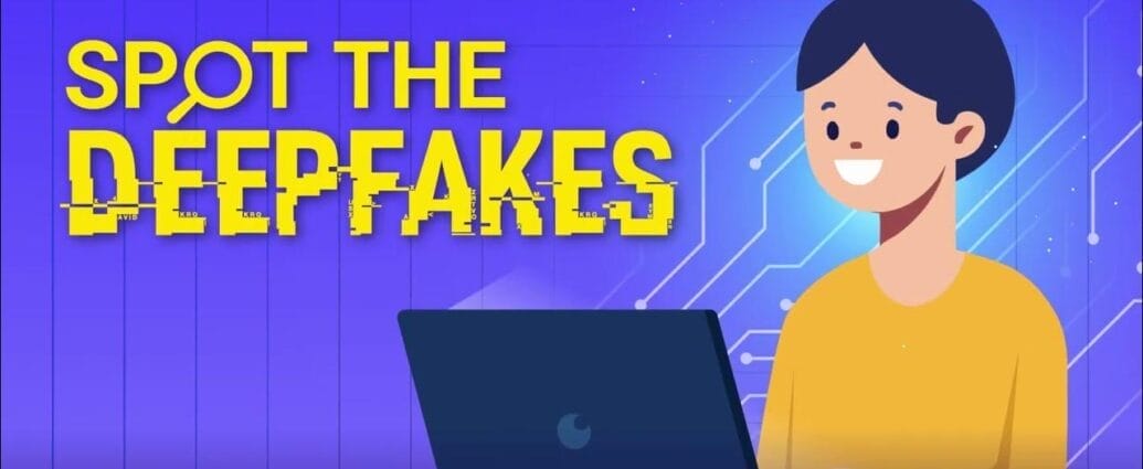 Person using laptop, "Spot the Deepfakes" text displayed. Cybersecurity awareness. | Cyberinsure.sg
