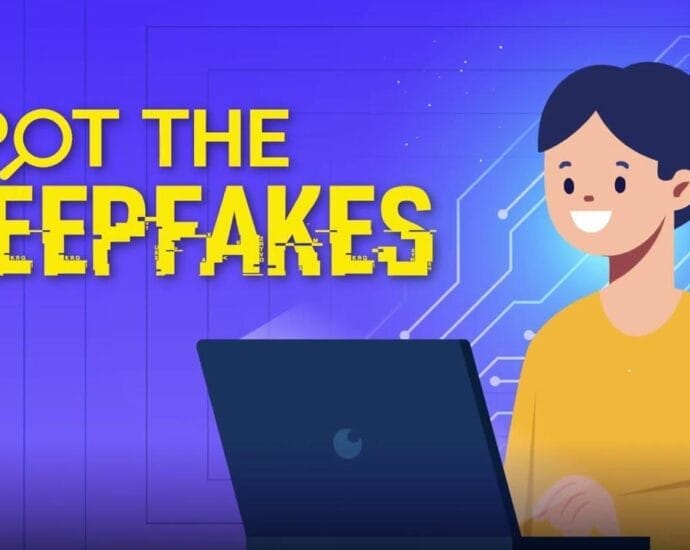 Person using laptop, "Spot the Deepfakes" text displayed. Cybersecurity awareness. | Cyberinsure.sg