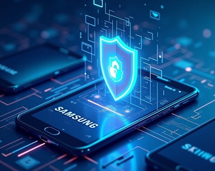 Samsung phone with digital security shield and lock icon | Cyberinsure.sg