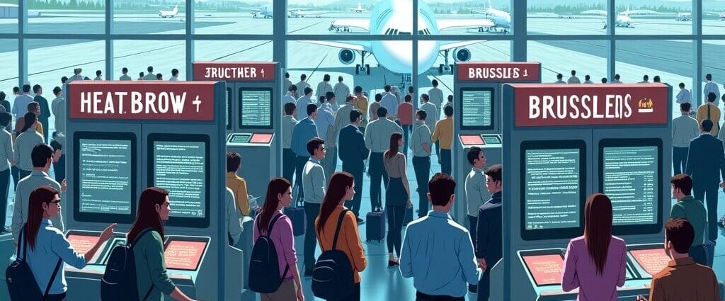 Passengers wait at airport gates for Brussels flight, checking digital departure boards showing flight information and gate numbers. | Cyberinsure.sg