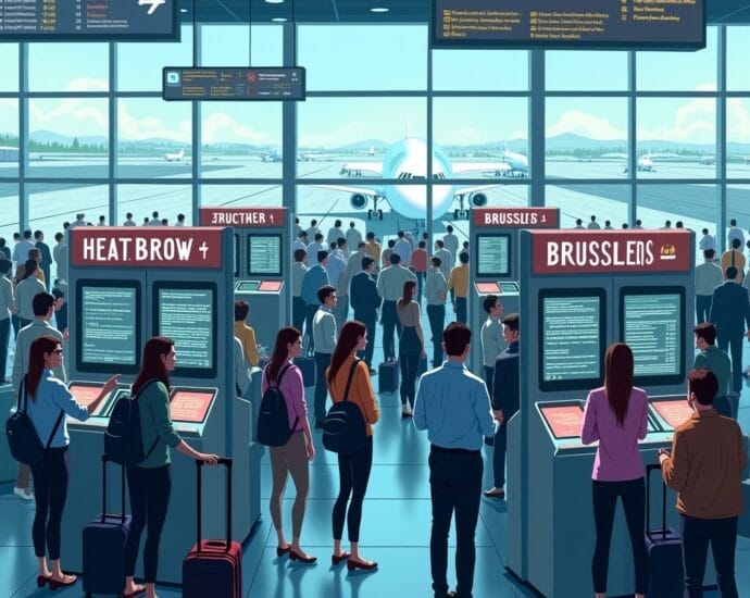 Passengers wait at airport gates for Brussels flight, checking digital departure boards showing flight information and gate numbers. | Cyberinsure.sg