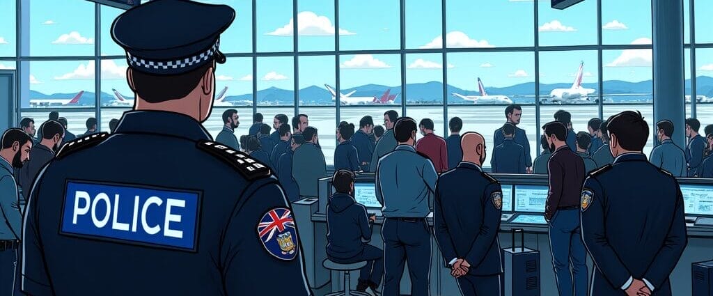 Airport police officer oversees passengers near departure gates. | Cyberinsure.sg