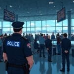Airport police officer oversees passengers near departure gates. | Cyberinsure.sg