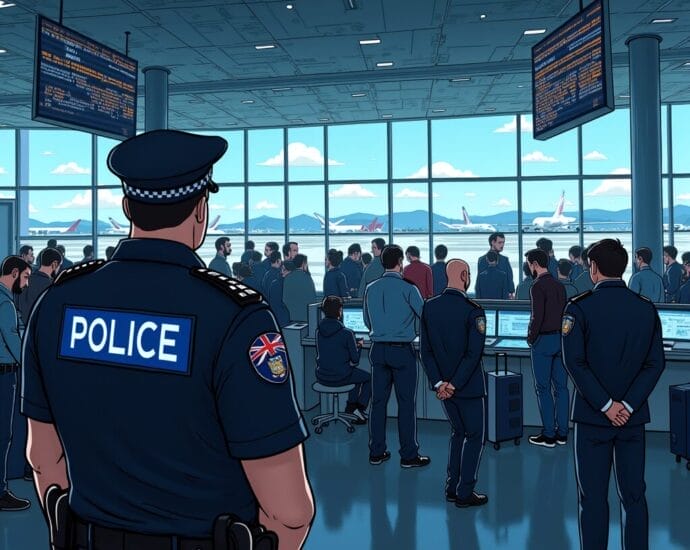 Airport police officer oversees passengers near departure gates. | Cyberinsure.sg