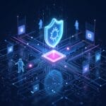 Cybersecurity shield protecting digital data on a circuit board. | Cyberinsure.sg