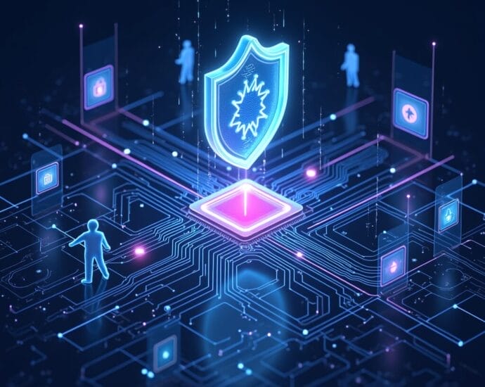 Cybersecurity shield protecting digital data on a circuit board. | Cyberinsure.sg