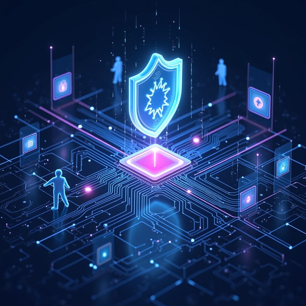 Cybersecurity shield protecting digital data on a circuit board. | Cyberinsure.sg