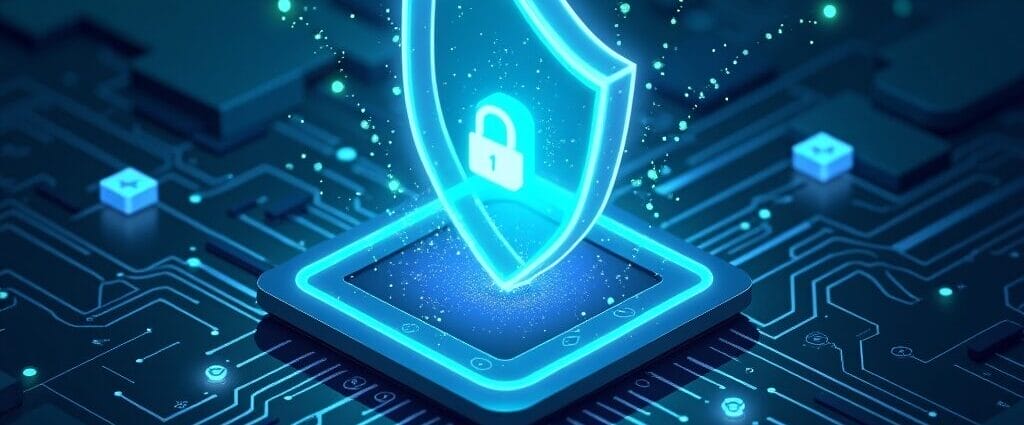 Glowing shield with padlock representing cybersecurity and data protection on a circuit board. | Cyberinsure.sg