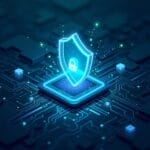 Glowing shield with padlock representing cybersecurity and data protection on a circuit board. | Cyberinsure.sg