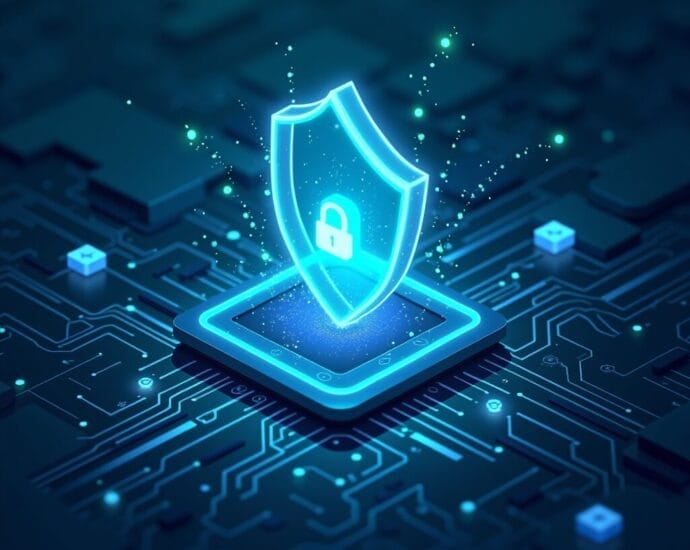 Glowing shield with padlock representing cybersecurity and data protection on a circuit board. | Cyberinsure.sg