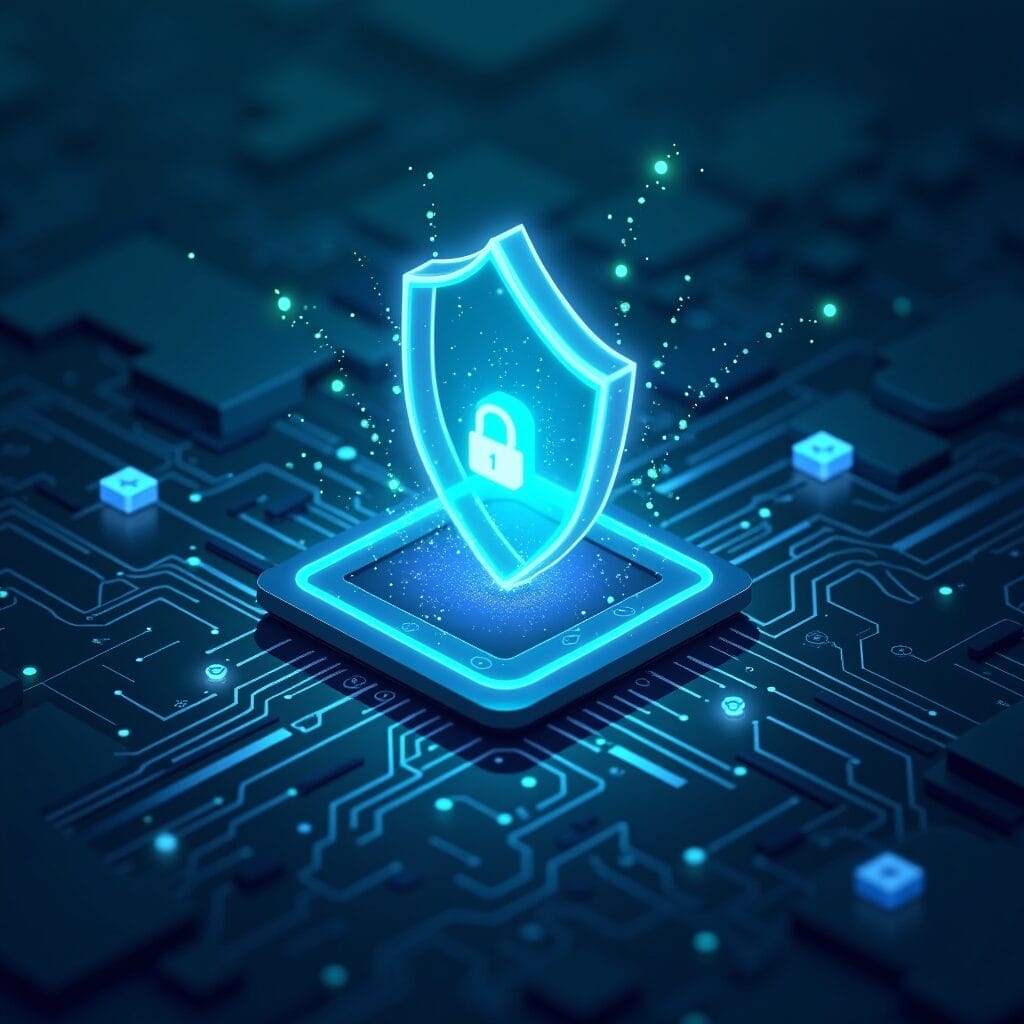 Glowing shield with padlock representing cybersecurity and data protection on a circuit board. | Cyberinsure.sg