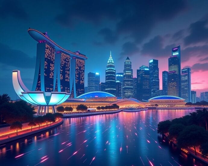 Night view of Singapore's Marina Bay Sands and city skyline, illuminated with vibrant lights. | Cyberinsure.sg