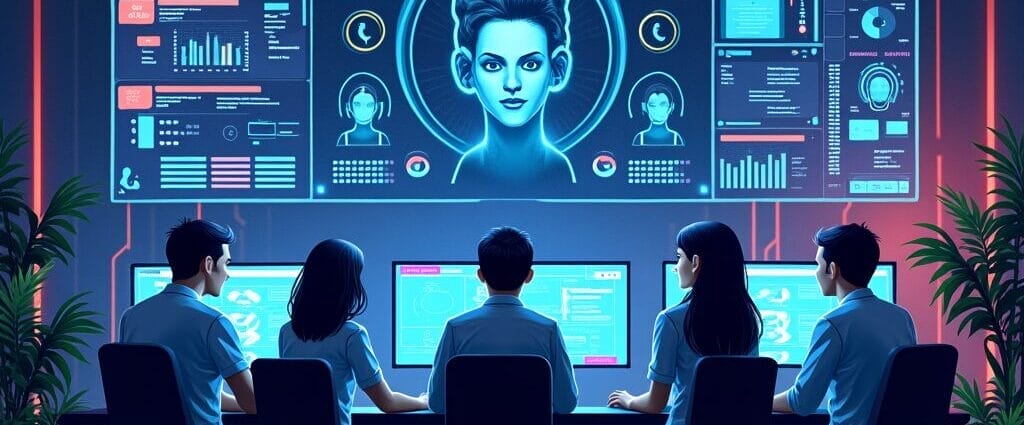 Team analyzing data on futuristic digital screen with AI interface | Cyberinsure.sg