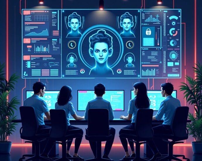 Team analyzing data on futuristic digital screen with AI interface | Cyberinsure.sg