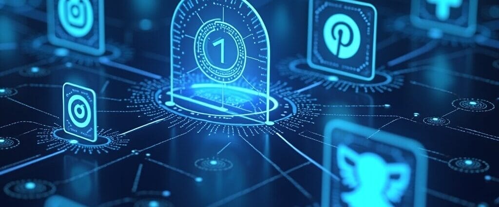 Abstract network graphic showing social media icons connected to a central node displaying the number one. | Cyberinsure.sg